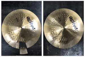 Vorher/Nachher Vergleich: Schlagzeug-Becken mit abgebrochenem Stück